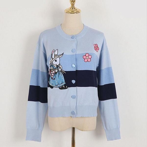 

o collar stripe sweater women fashion autumn winter sweet embroidered rabbit flowers cardigan coat femme warm w303, White;black