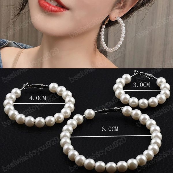 

simple white pearl hoop earrings fashion big circle hoops statement earrings for women party jewelry gift accessories 3/4/6cm, Golden;silver