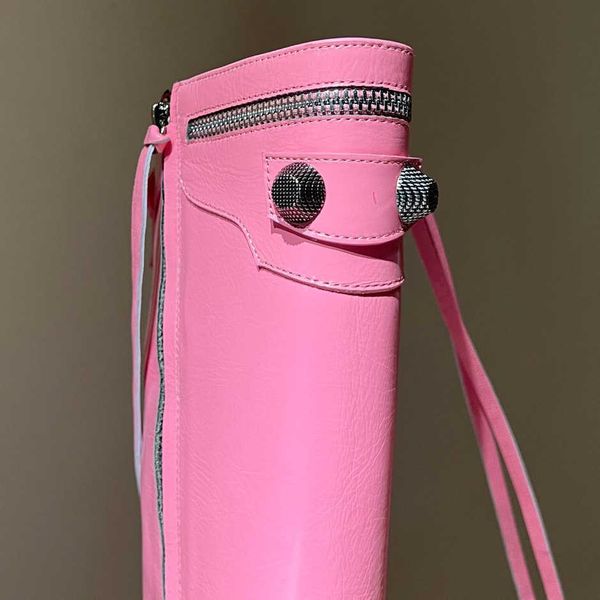 

boots pink cagole studded buckle embellished leather heels knee boots side zip shoes pointed toe stiletto heel tall boot luxury designers sh, Black