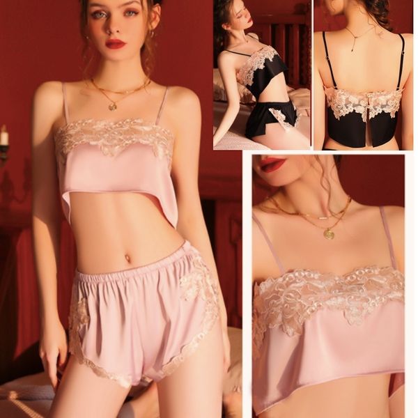 

other panties pyjama lace sling satin nightwear sleeping dress sleepwear silk pajamas pijama verano mujer lingerie 220930, Red;black