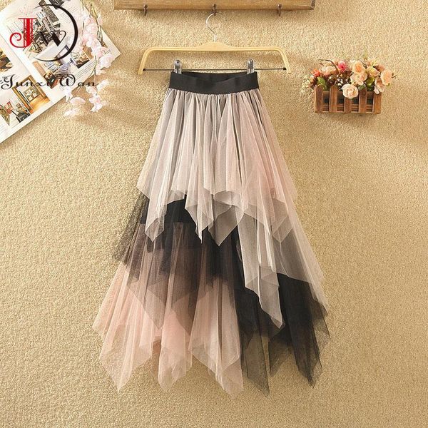 

skirts irregular mesh pleated women elastic waist patchwork 2022 spring summer elegant romantic girls long skirts saias, Black