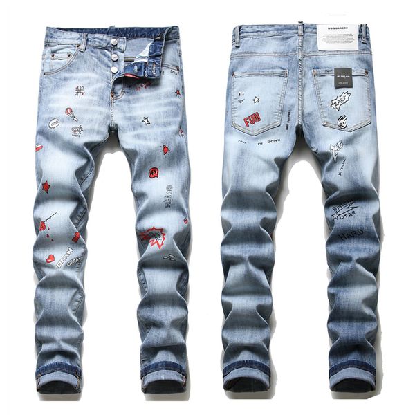 

fashion men printed slim fit jeans skinny straight leg washed mens frayed motocycle denim pants hip hop stretch biker men's trousers 12, Blue