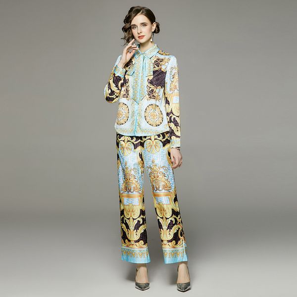 

luxury floral women's two piece pants sets 2022 ladies vintage printed casual ribbon bow button shirt and trousers suits runway designe, White
