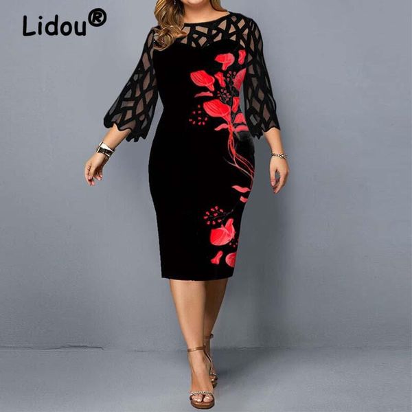 

dresses plus size elegant fashion print pencil midi dress lace mesh patchwork o-neck flare sleeve slim office lady party dresses5xl, Black;gray