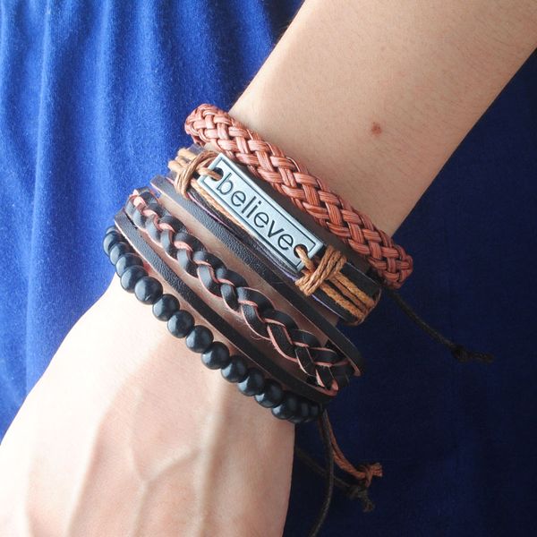 

4pcs/ set fashion leather bracelets men popular boys diy bandage wood beads handmade brown weave bangle bc022, Golden;silver
