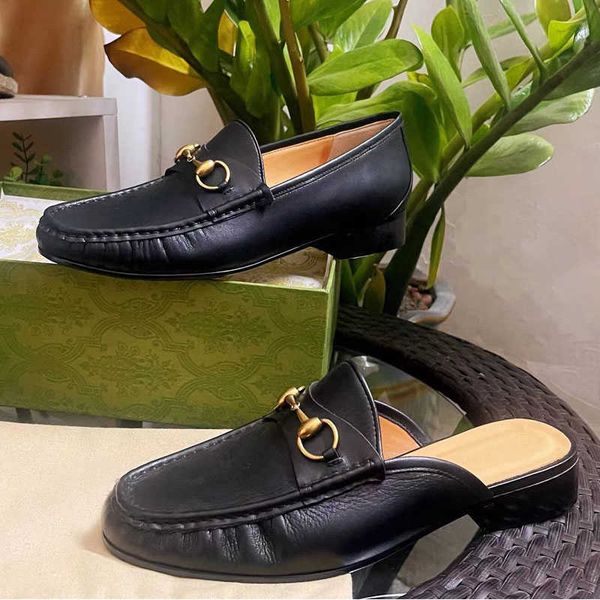 

dress shoes casual shoe men slipper lazy loafers classic women flat designer 100% cowhide metal buckle lady leather mules princetown black