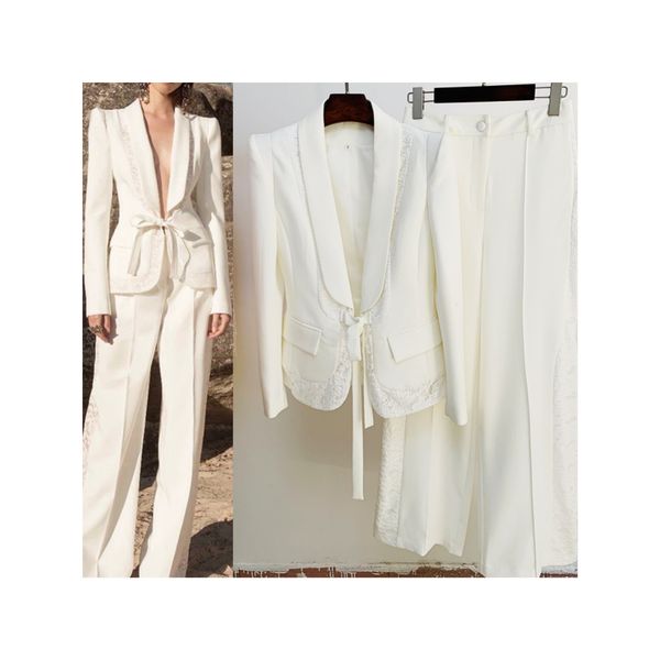

high-quality office lady classic suits lace stitching white blazer and wild-leg pants, White;black
