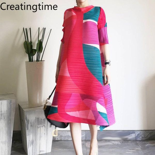 

dresses creatingtime 2022 summer new stand collar three quarter color matching printing loose pleated casual dress fashion women ga974, Black;gray