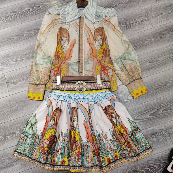 

two piece dress 2022 australian designers designed a two-piece shirt skirt with portrait pattern in autumn and winter, White