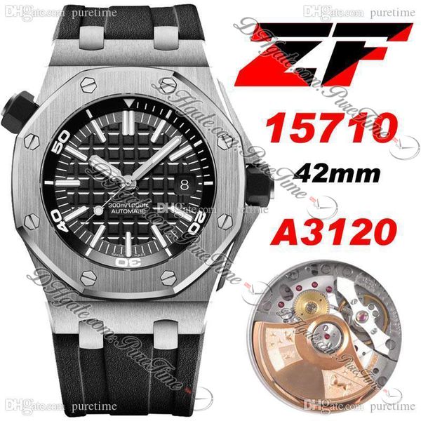 

zf diver 42mm cal a3120 automatic mens watch steel case black texture dial stick markers rubber strap 2022 super edition watches puretime, Slivery;brown