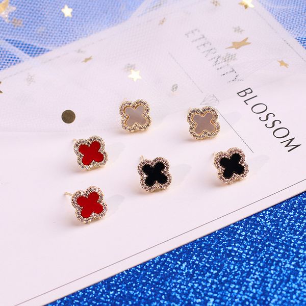 

studs earrings for women girls fashion luxury rhinestone flower needle ear jewelry black green white red four leaves charm designer earrings, Golden;silver
