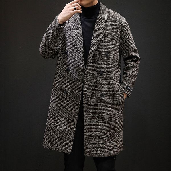 

men's wool blends men double breasted plaid wool overcoat winter coat casual houndstooth jacket men turndown collar long woollen wind c, Black