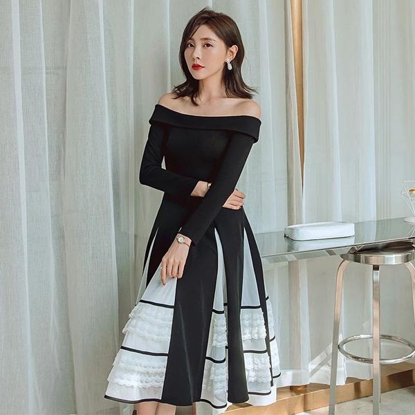 

skirts french court style retro pleated splicing mesh new arrivals black dress long sleeves elegant a-line dinner party dress mid-calf