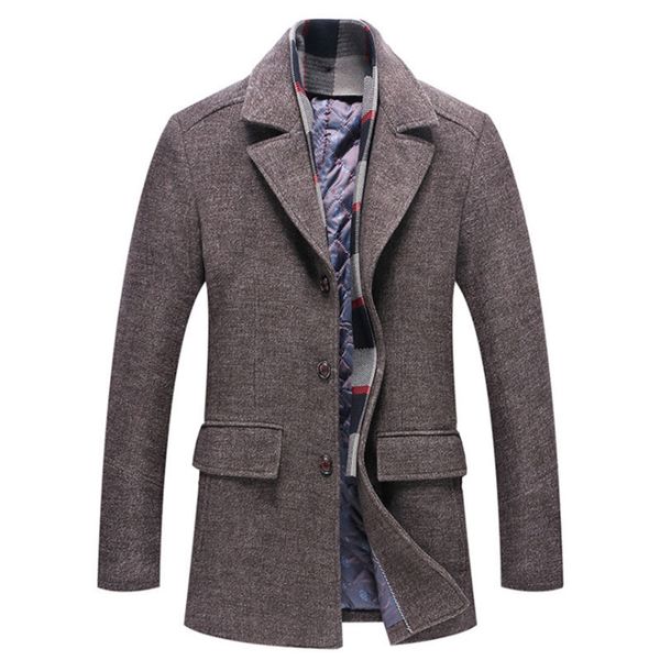 

men's wool blends men's wool coats fashion scarf collar thick trench coat autumn winter business casual men woolen jacket warm ove, Black