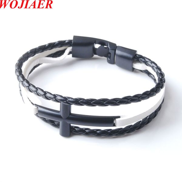 

luxury multi-layer cross design classic leather bracelet stainless steel men's black rope braided christmas gifts bc013, Golden;silver