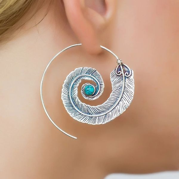 

spiral feather hoop earrings for women girls turquoise antique silver leaf huggie earring bohemian jewelry, Golden;silver