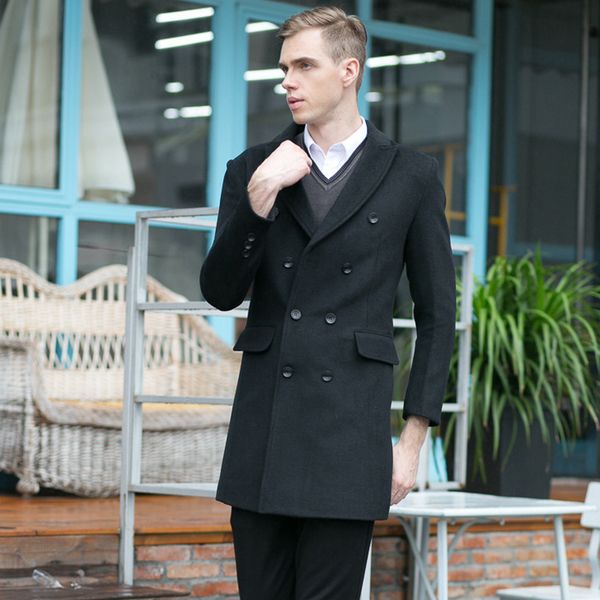 

men's wool blends thoshine brand winter 37 wool men thick woolen coats double breasted classic turn down collar fashion wool blend jack, Black
