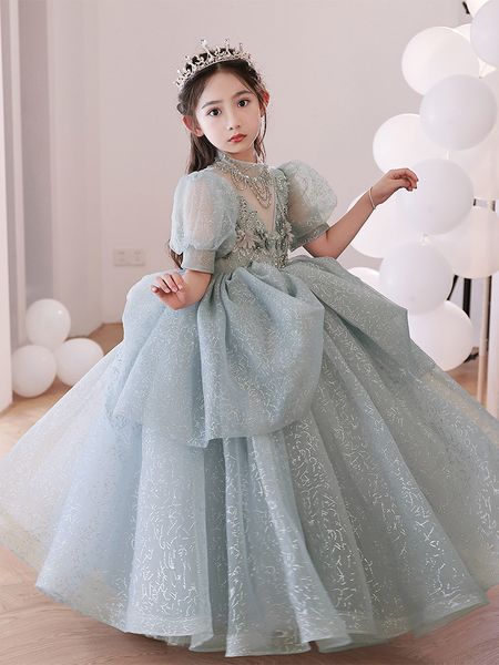 

lovely lace flower girl dress bows children' first holy communion gowns princess formal tulle ball gown wedding party dress 2-14 years, White;blue