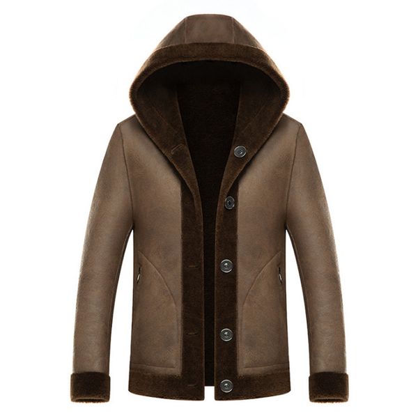 

men's wool blends winter suede jacket men hooded wool coat fashion fleece double sided men wool blends jacket casual luxury men overcoa, Black