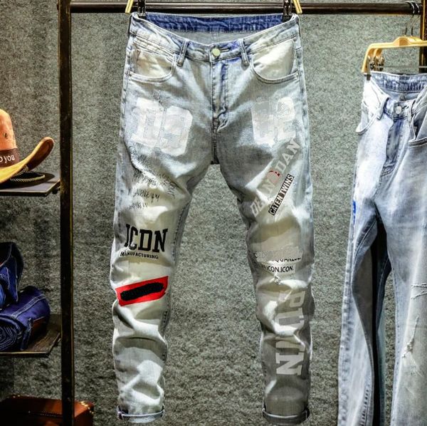 

clothing men's jeans slim-fit noble blue jean print ripped jeans stylish stretch street pants mm11hf16jeans