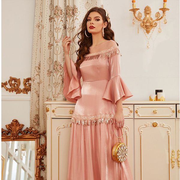 

2023 pink sheath long sleeves evening dresses wear illusion crystal beading high side split floor length party dress prom gowns open back, Black;red