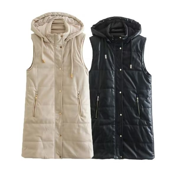 

winter new coat vest women's loose medium long pu imitation leather hooded sleeveless cotton vest, Black;white