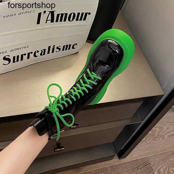 

designer boots botega boots new style side zipper lace up middle tube martin boot thick soles versatile patent leather women short shoes, Black