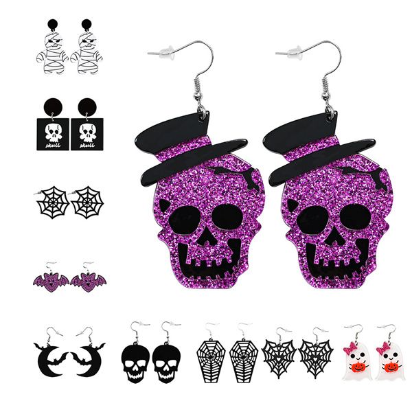 

european and american fashion creativity charm ghost spider skull bat acrylic plate funny halloween earrings ac224, Golden