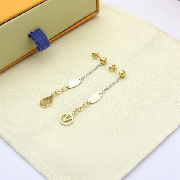 

europe america fashion new style lady women titanium steel tassels 3 color v initials stud long chain earrings206i, Golden;silver