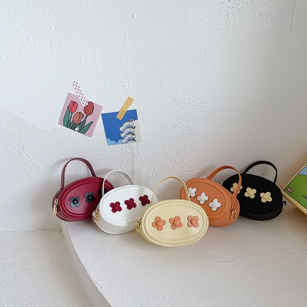 

luxury children flowers applique handbags kids oval pu leather single shoulder bag girls messenger princess bags q9020, Black