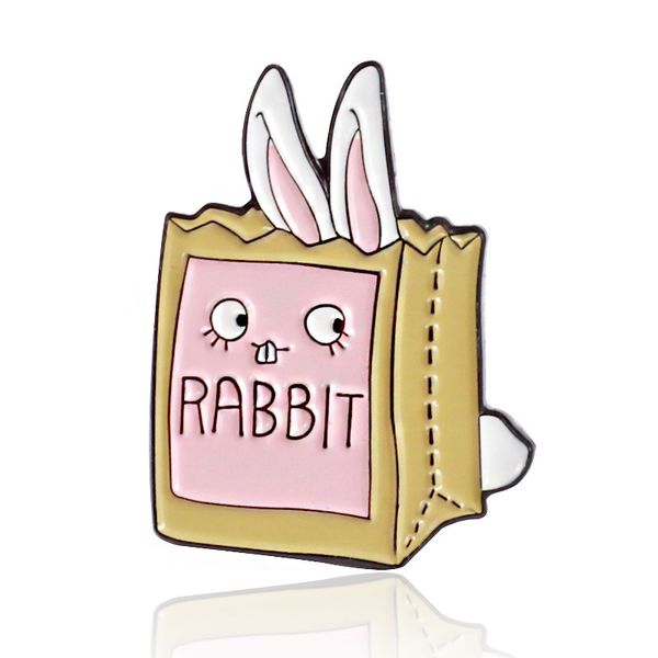 

cartoon animal brooches for women cute pink ear rabbit in the papaer box letter alloy enamel pins badge, Gray