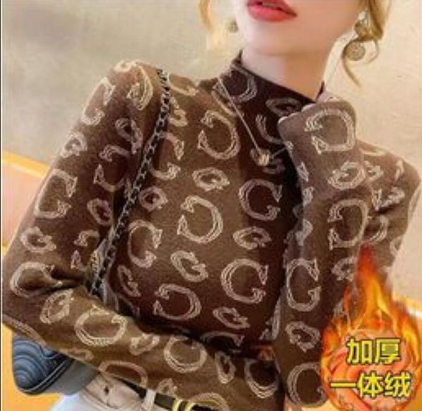 

women's sweaters designer print turtleneck t-shirt autumn winter double-sided velvet thicken warm long sleeve women's clothing, White;black