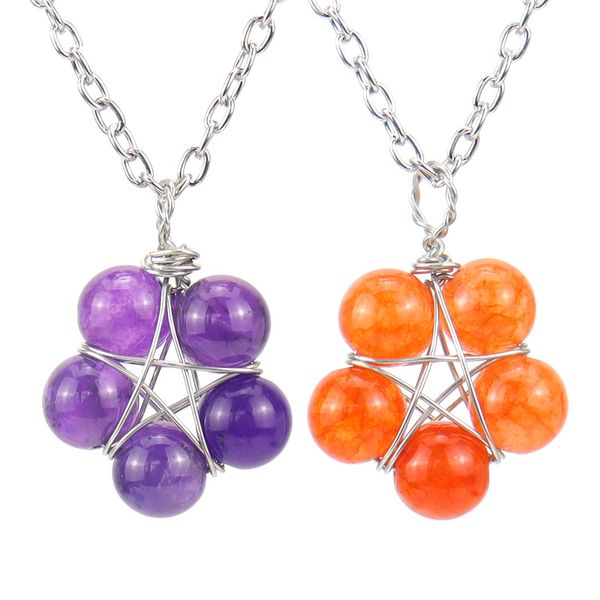 

star flower shape 8mm stone ball pendant wire wrapped metal chain necklace healing reiki chakra jewelry wholesale, Silver