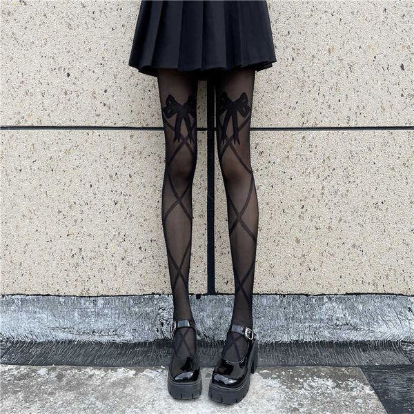 

socks hosiery japanese lolita mesh long fishnet nylon tights black white cross bandage bow-knot printed stockings women netzstrumpfhose t220