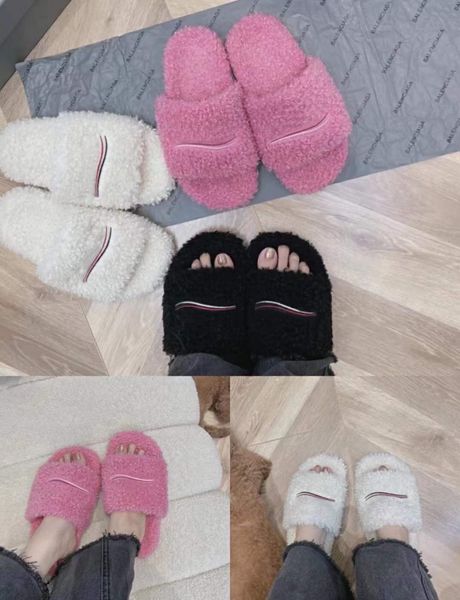 

fashion slipper women's fashion winter fur plush warm sandals plush sheets girl flip-flops with box, Black