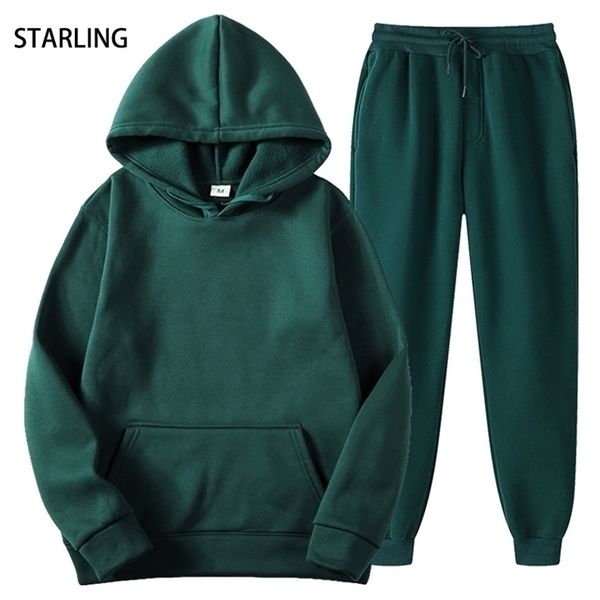 

mens tracksuits solid hooded hoodies set casual jogger tracksuit sportswear fleece pullover sweatshirts male fashion streetwear 220930, Gray
