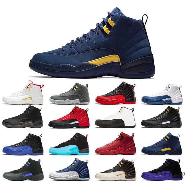 

2022 12s 12 original basketball shoes for man black purple bulls dark grey fiba flu game french blue red indigo michigan o-black reverse