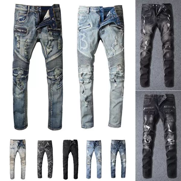 

new fashion mens designer jeans distressed ripped biker slim fit motorcycle bikers denim for men s fashion mans black pants pour hommes, Blue