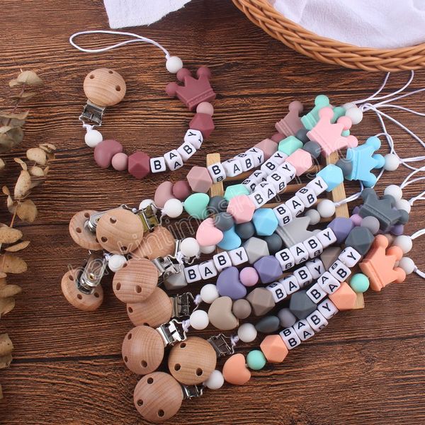 

newborn baby beech heart crown bead pacifier holders creative wooden teethers safe infant toddler toys teether chain clips