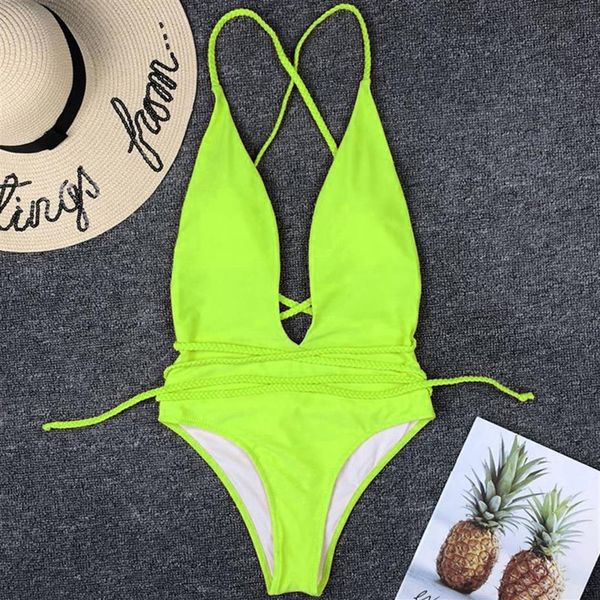

diy long strap around neon one piece swimsuit female high leg cut swimwear women deep v neck monokini 2019 bathing suit bodysuit225l