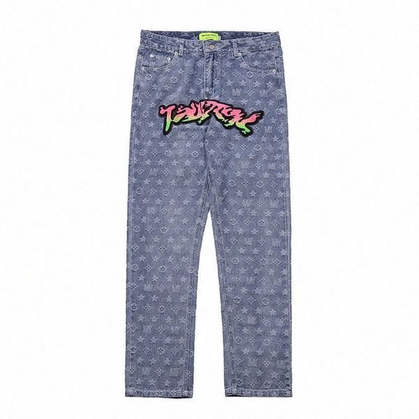 

mens plus size pants hip hop embroidery gradient jeans mens ripped straight full printed streetwear denim trousers louie vuitton, Black;brown