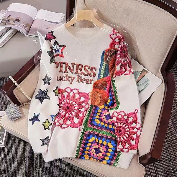 

european vintage women's loose casual sweaters 2022 designer runway fashion printed ladies long sleeve diamond knitting round neck eur, White;black