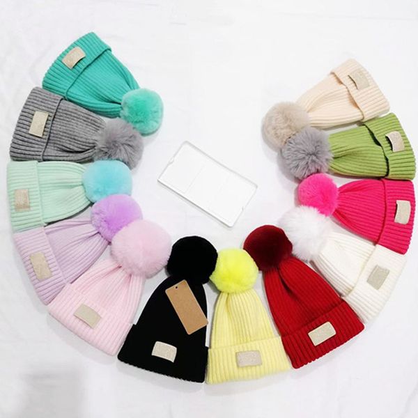 

kids pompon knitted hats australia designer beanies children boys girls fur pom knitting skull caps bonnet winter warm beanie chunky ear muf, Yellow