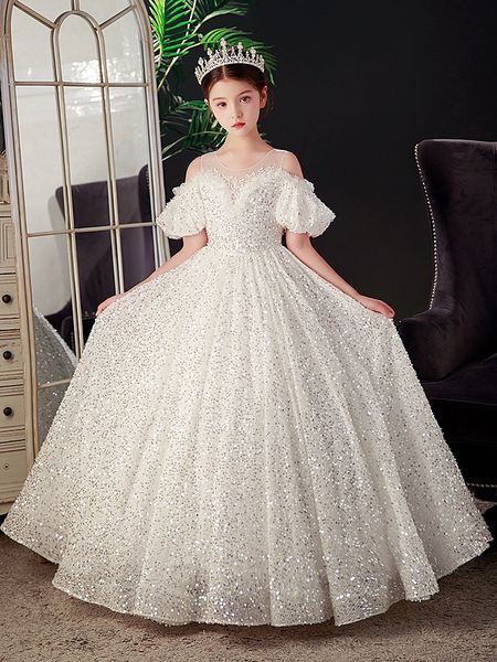 

2023 lovely christmas dark white flower girls dresses jewel neck crystal beads tulle tiered floor length sequined kids birthday girl pageant, White;blue