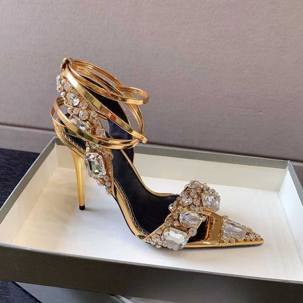 

mirror leather and crystal pointed gemstone sandals gold winding bandage 101mm women's luxury designers street style shoes factory foot, Black