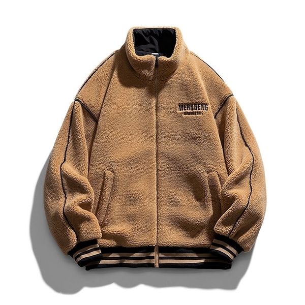 

mens jackets winter warm faux lamb fur coat fleece varsity baseball embroidery korean trend oversized 220930, Black;brown