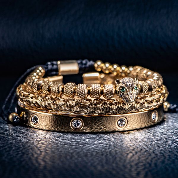 

luxury micro pave cz leopard head roman royal charm bracelets men bracelets stainless steel crystals bangles couple handmade jewelry gift, Golden;silver