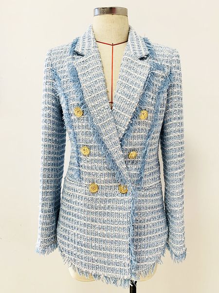 

high-quality tweed fringing double-breasted sky blue blazer, White;black