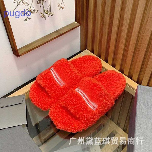 

designer ba lenciaga winter slippers online shop sheep curly round toe open straight line simple casual flat bo, Black