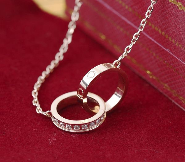 

fashion necklace designer jewelry party gold chain titanium steel double rings diamond pendant necklaces women long chain jewellery christma, Silver